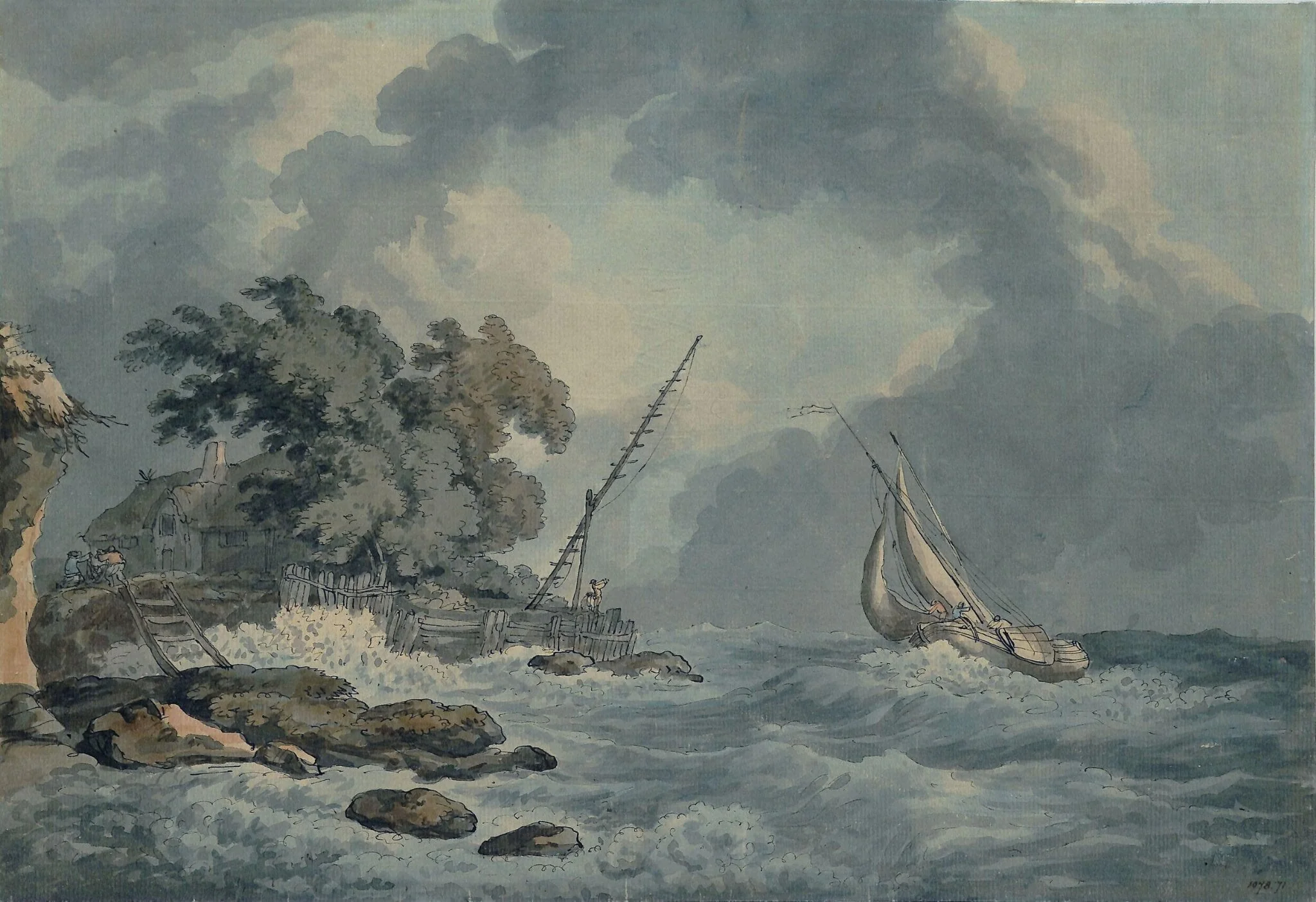 Vessel in a breeze nearing a point of land, detail