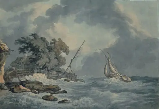Vessel in a breeze nearing a point of land, by John Thomas Serres, watercolor, 1780