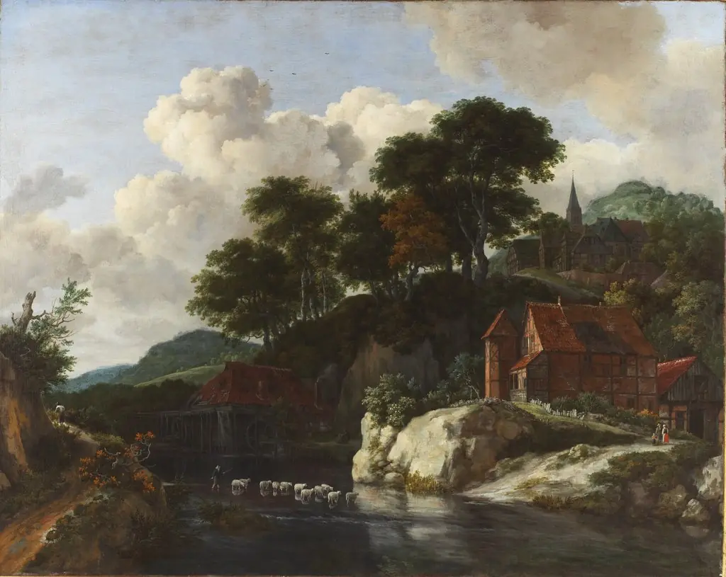 Hilly Landscape with a Watermill, ca. 1670, by Jacob van Ruisdael, oil, 1670