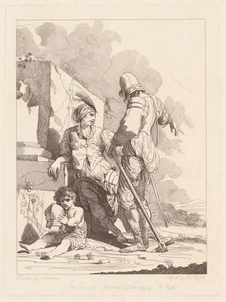 Two Soldiers and Child Holding a Helmet, by Robert Blyth, ink, 1779