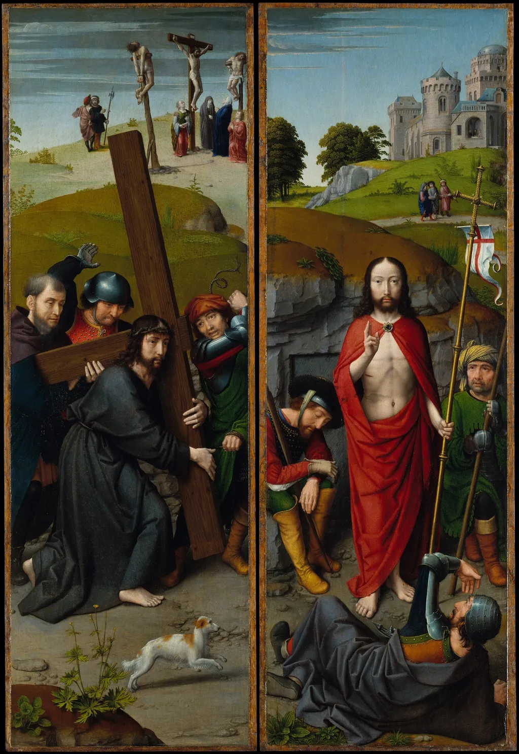 Christ Carrying the Cross, with the Crucifixion; The Resurrection, with the Pilgrims of Emmaus, by Gerard David, oil, 1510