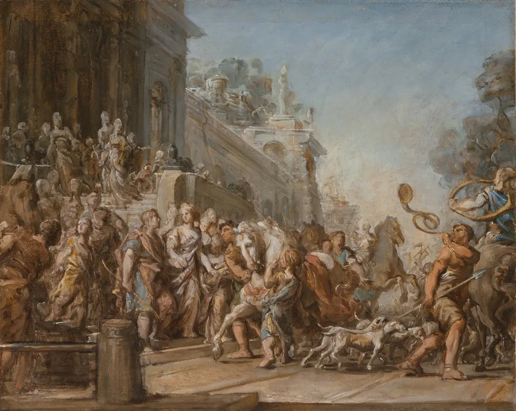 The Departure of Dido and Aeneas for the Hunt, by Jean-Bernard Restout, unspecified, 1772