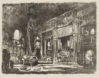 English War Work:  The Gun Forge, by Joseph Pennell, 1916