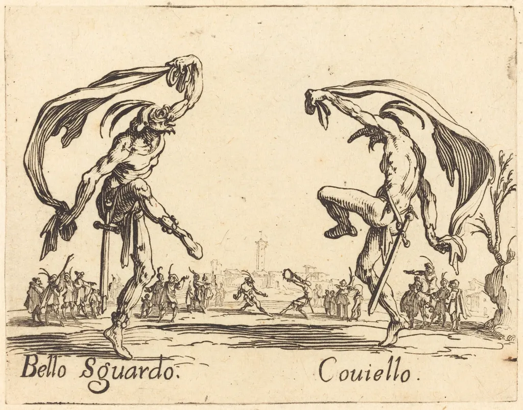Bello Sguardo and Coviello, by Jacques Callot, ink, 1622