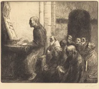 Monk Playing the Organ in Church (Moine jouant de l'orgue a l'eglise), by Alphonse Legros, ink, 1874