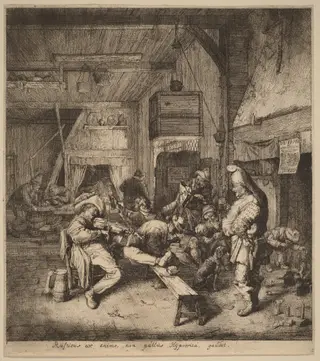 Violin Player Seated in a Tavern, by Cornelis Dusart, ink, 1685
