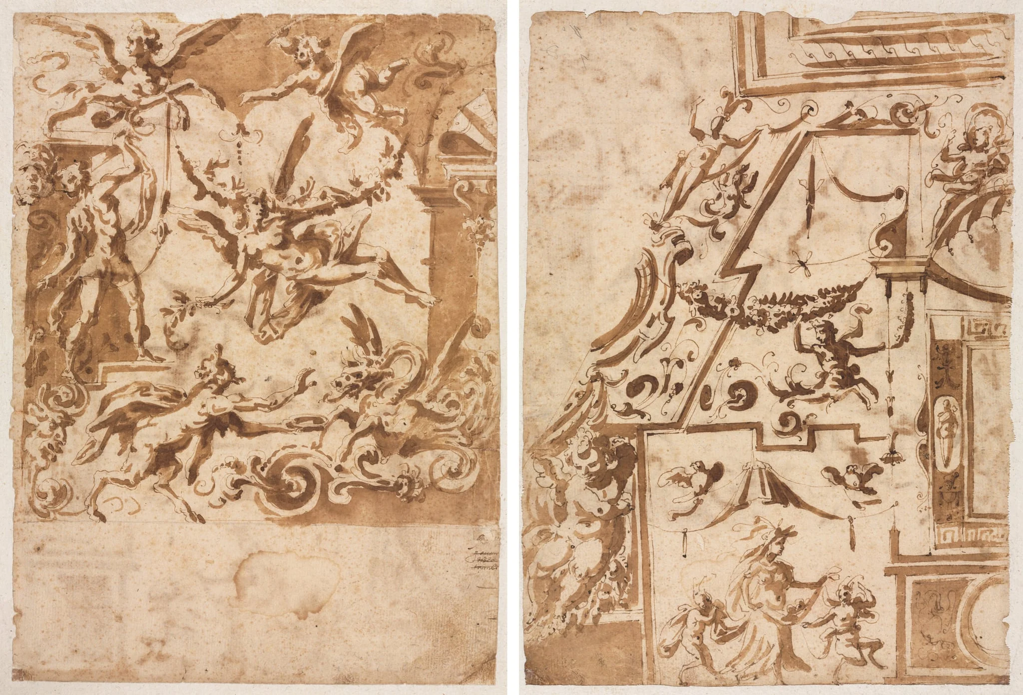 Grotesque with a Satyr Feeding a Dragon (recto); Grotesque with a Leaping Centaur (verso), detail