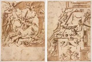 Grotesque with a Satyr Feeding a Dragon (recto); Grotesque with a Leaping Centaur (verso), by Marco Marchetti, 1576