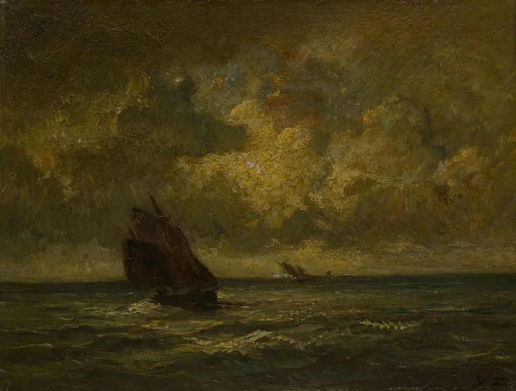 Two Boats in a Storm, by Jules Dupré, oil, 1872