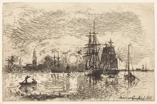 Soleil couchant, port d'Anvers (Sunset, Port of Antwerp), by Johan Jongkind, ink, 1868