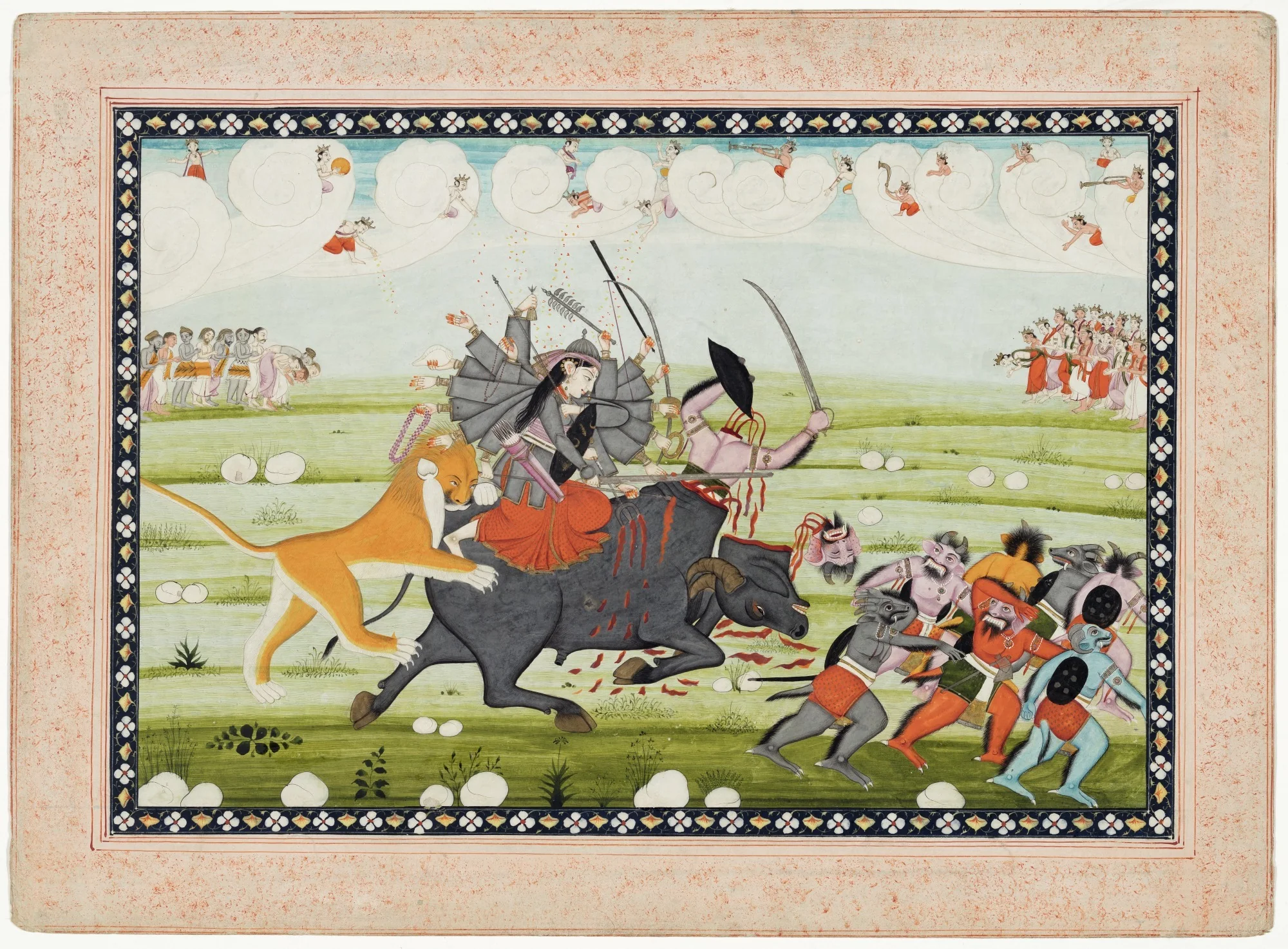 Durga, Having Decapitated Bull and Mahishasura Within, Drives off Remaining Demons while Gods in Clouds Applaud, detail
