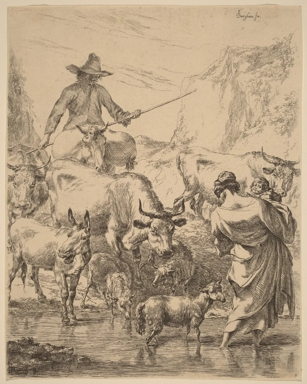 Herd Crossing the Brook, by Nicolaes Pieterszoon Berchem, ink, 1652