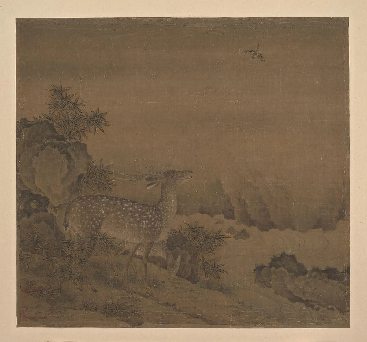 明 佚名 溪鹿圖 冊頁|Deer by a Pine Stream, detail