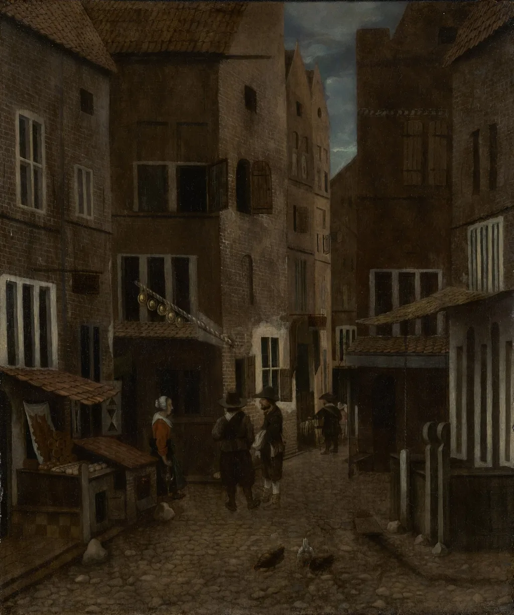 Street Scene, by Jacob Vrel, oil, 1658
