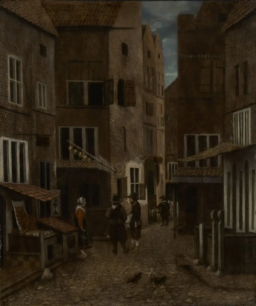 Street Scene, by Jacob Vrel, oil, 1658