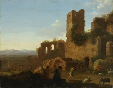 Landscape with figures and ruins, detail