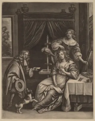 Boy Delivering a Letter to a Woman, by Jan van Somer, ink, 1672