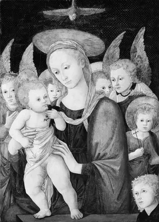 Madonna and Child with the Infant Saint John the Baptist and Angels, by Master PS, tempera, 1500