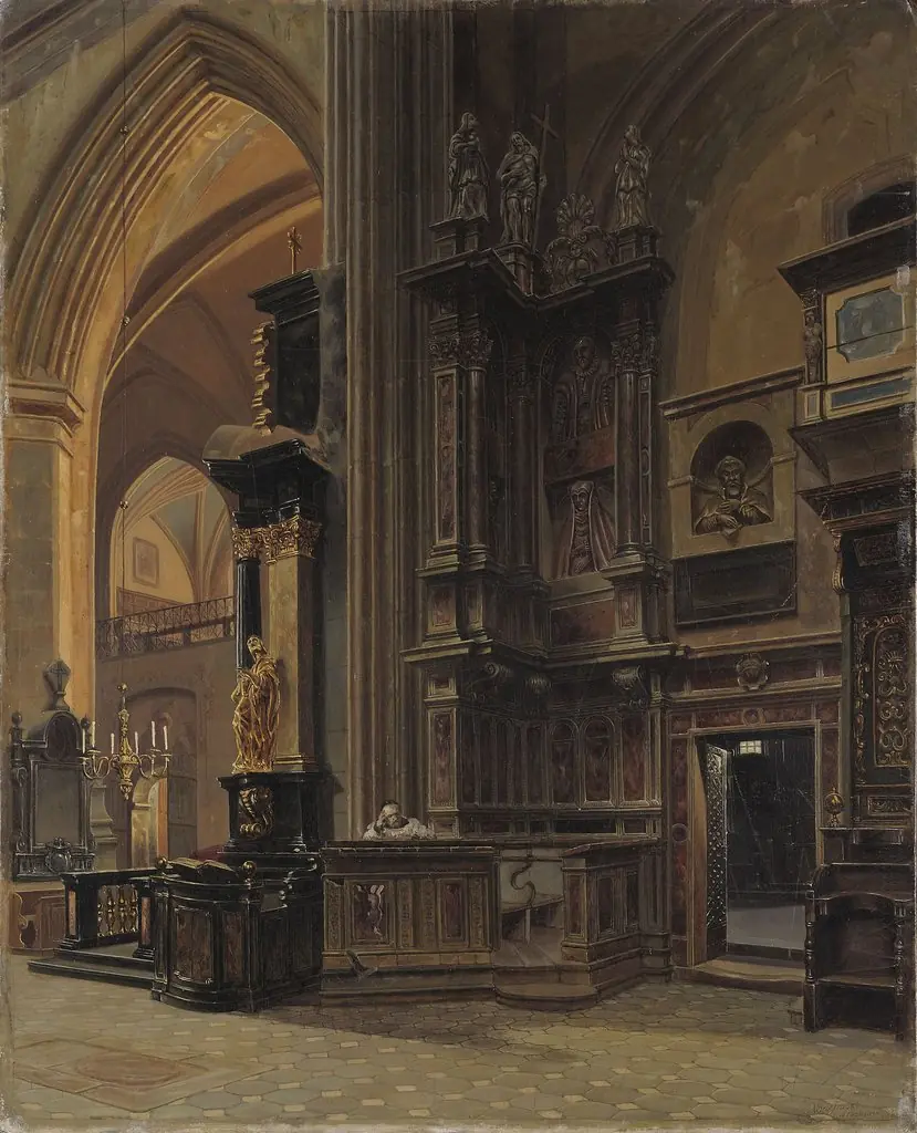 Interior of Saint Mary’s Basilica in Kraków, by Aleksander Gryglewski, oil, 1868