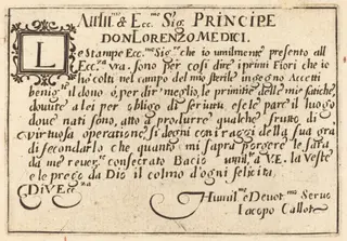 Dedication to Don Lorenzo de' Medici, by Jacques Callot, ink, 1622
