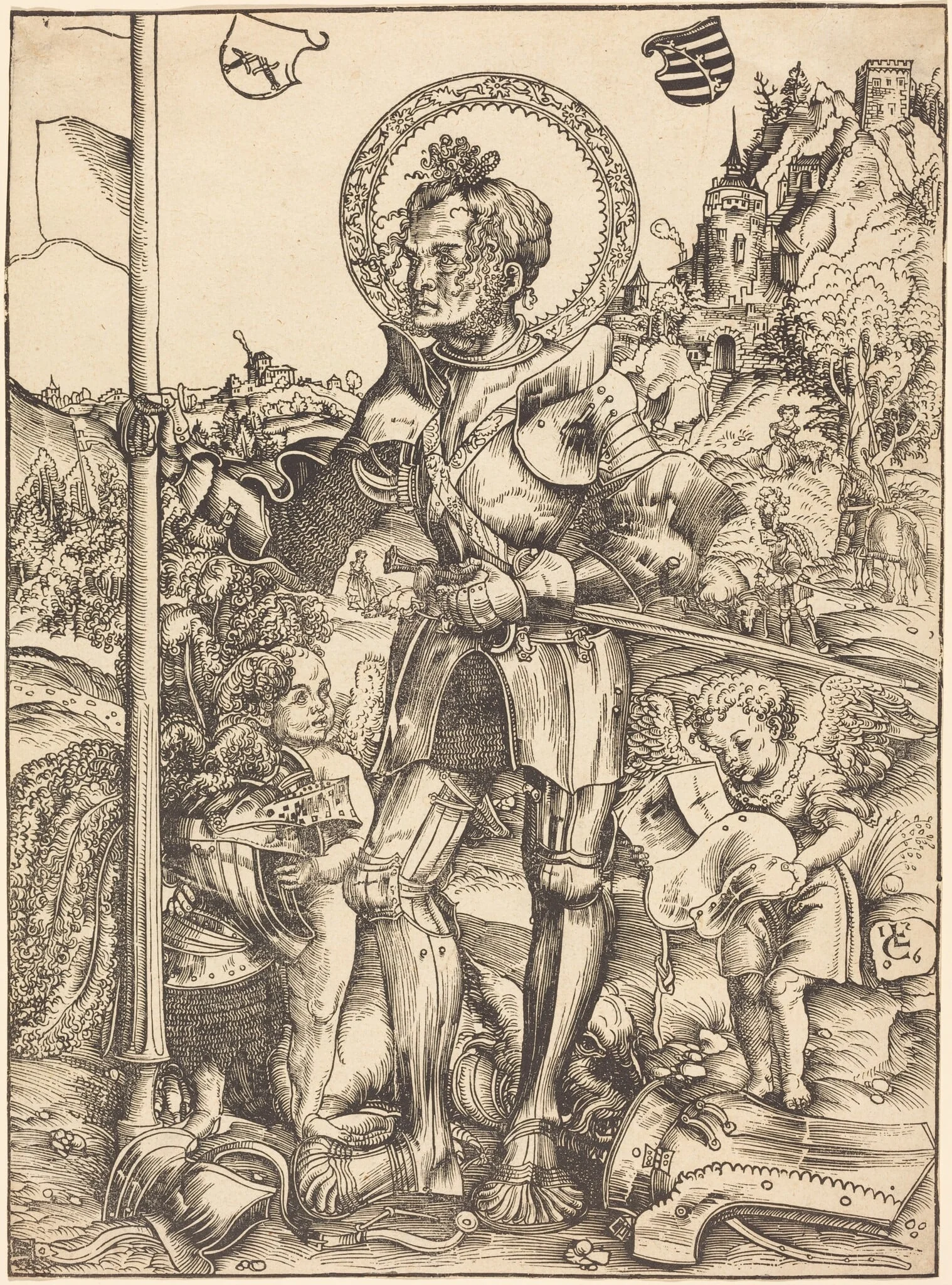 Saint George Standing, with Two Angels, detail
