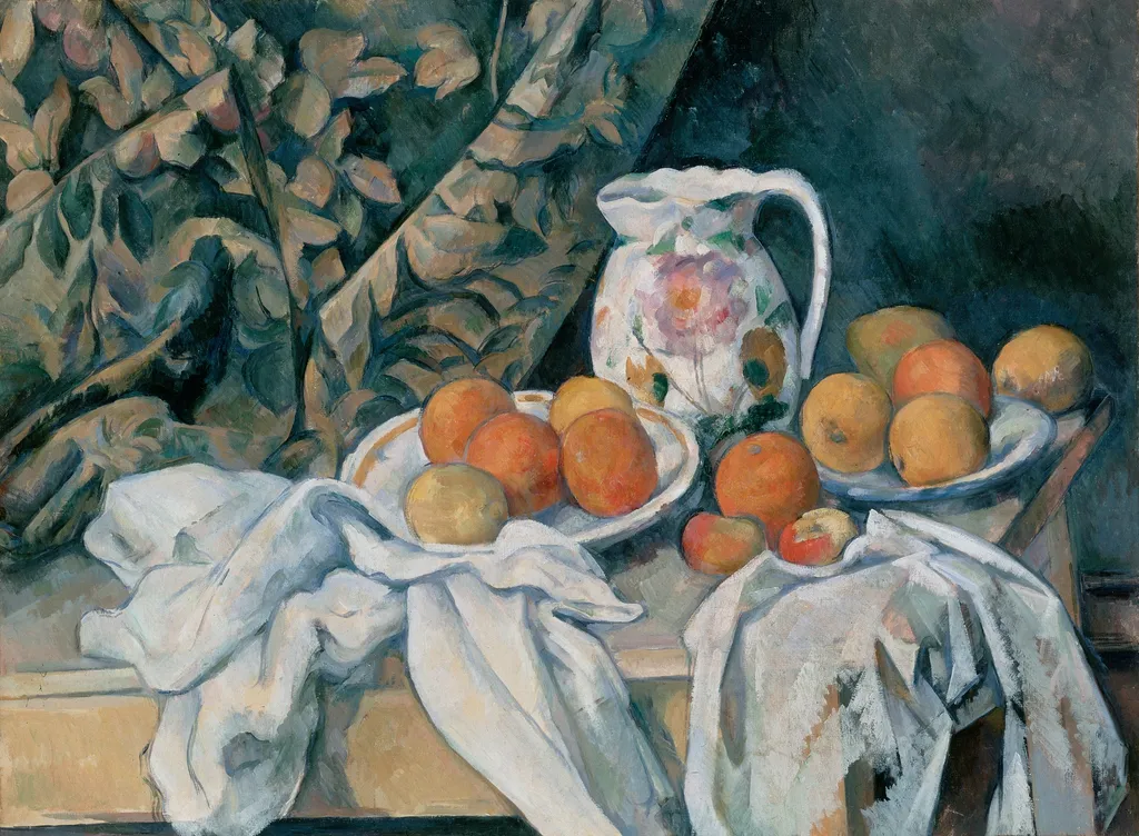 Still Life with a Curtain, by Paul Cezanne, oil, 1900