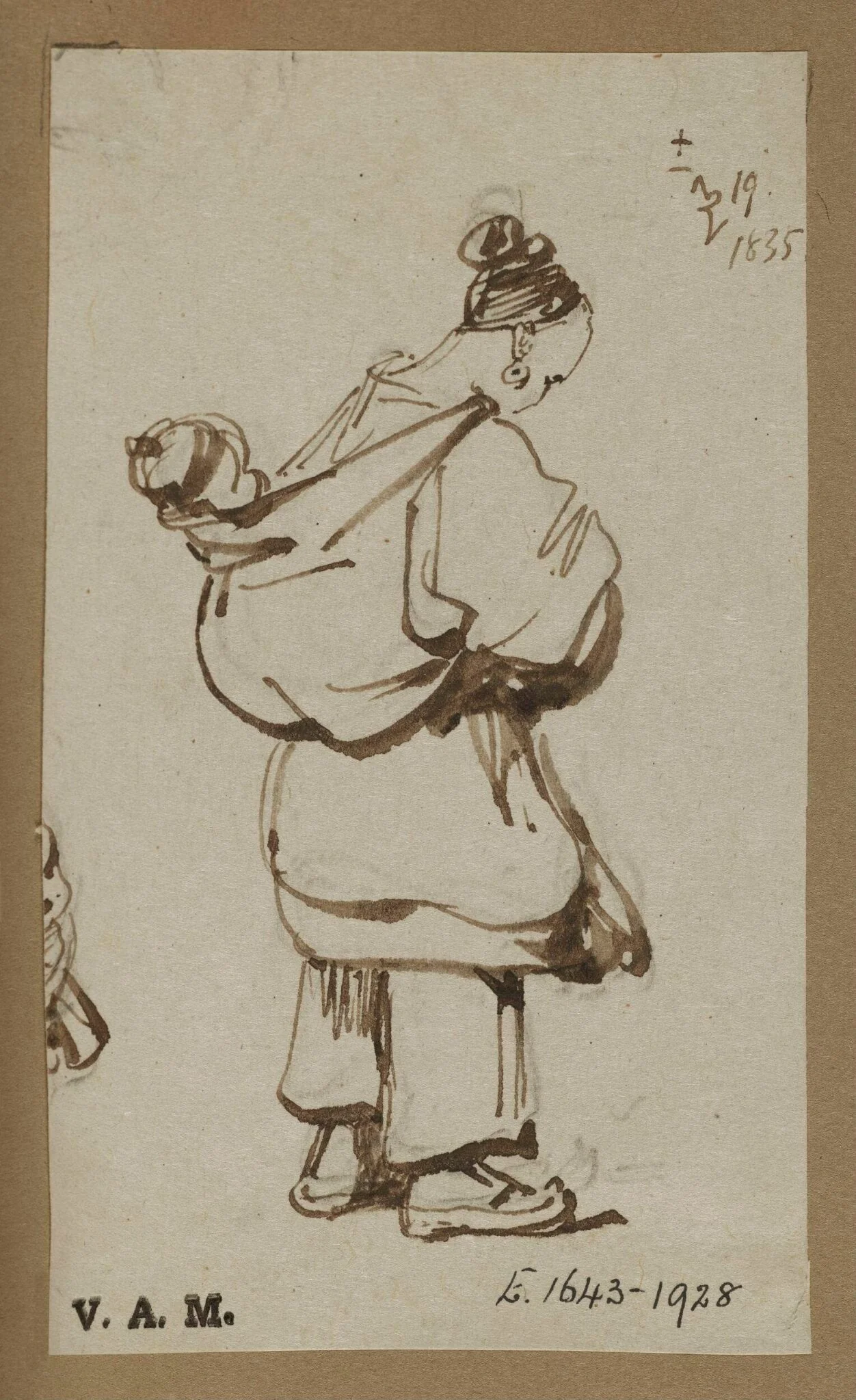 A Chinese boatwoman with a child in a sling on her back, detail