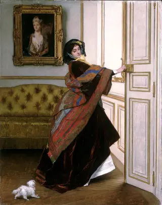Departing for the Promenade (Will You Go Out with Me, Fido?), by Alfred Stevens, oil, 1859