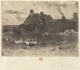 Les Petites Chaumières (Thatched Cottages--Small Plate), by Félix-Hilaire Buhot, ink, 1878