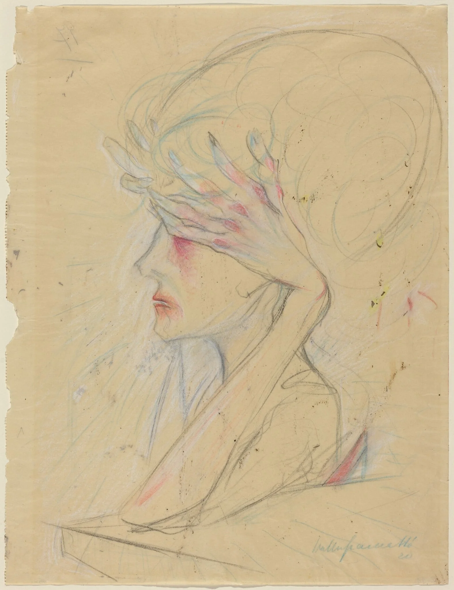 An Elegant Woman with Her Hands Covering Her Eyes, detail