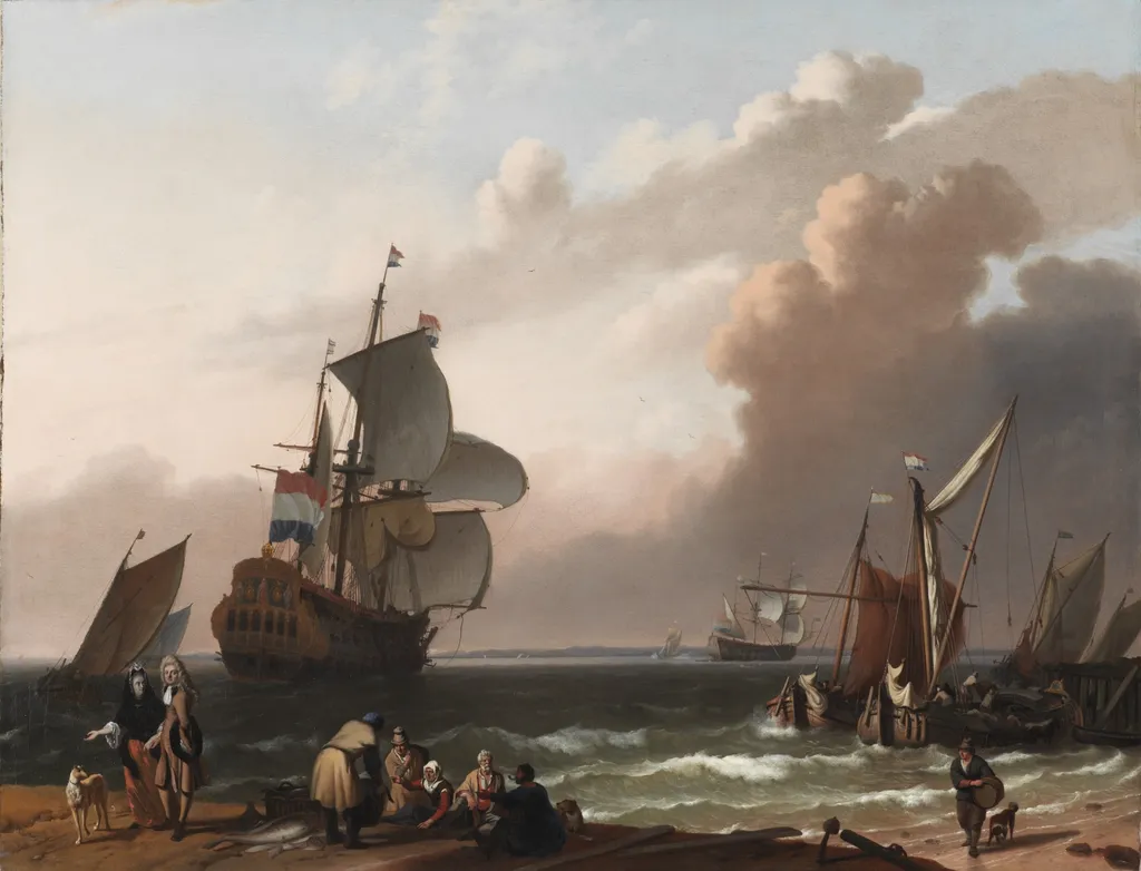 Warship and Dutch Sailboats near the Shore, by Ludolf Bakhuizen, oil, 1696