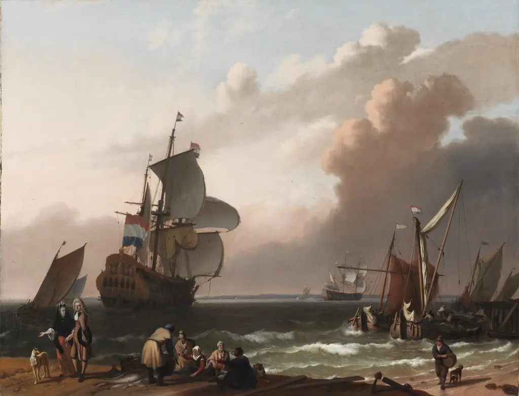 Warship and Dutch Sailboats near the Shore, by Ludolf Bakhuizen, oil, 1696