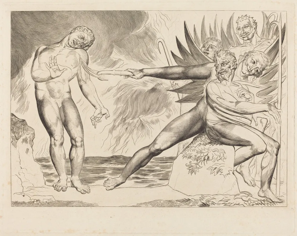 The Circle of the Corrupt Officials; the Devils Tormenting Ciampolo, by William Blake, ink, 1827