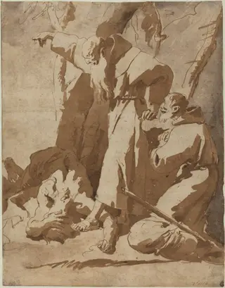 Two Monks with a Prostrate Man, by Giovanni Battista Tiepolo, ink, 1725