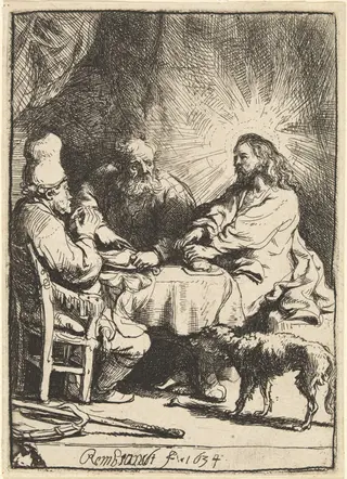 Christ at Emmaus: the Smaller Plate, by Rembrandt van Rijn, ink, 1634