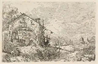 Landscape with a Woman at a Well, by Canaletto, ink, 1740