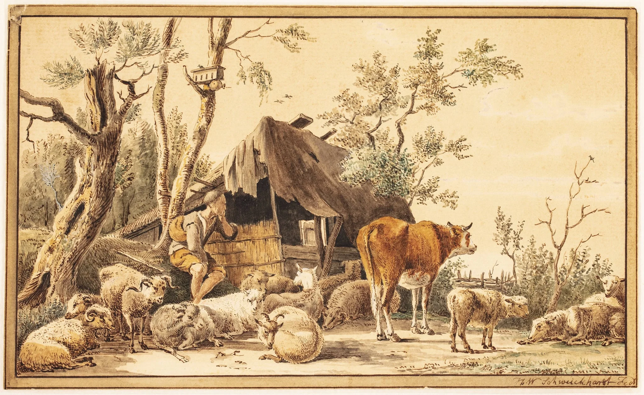 En fårehyrde med sin hjord ved et skur, detail