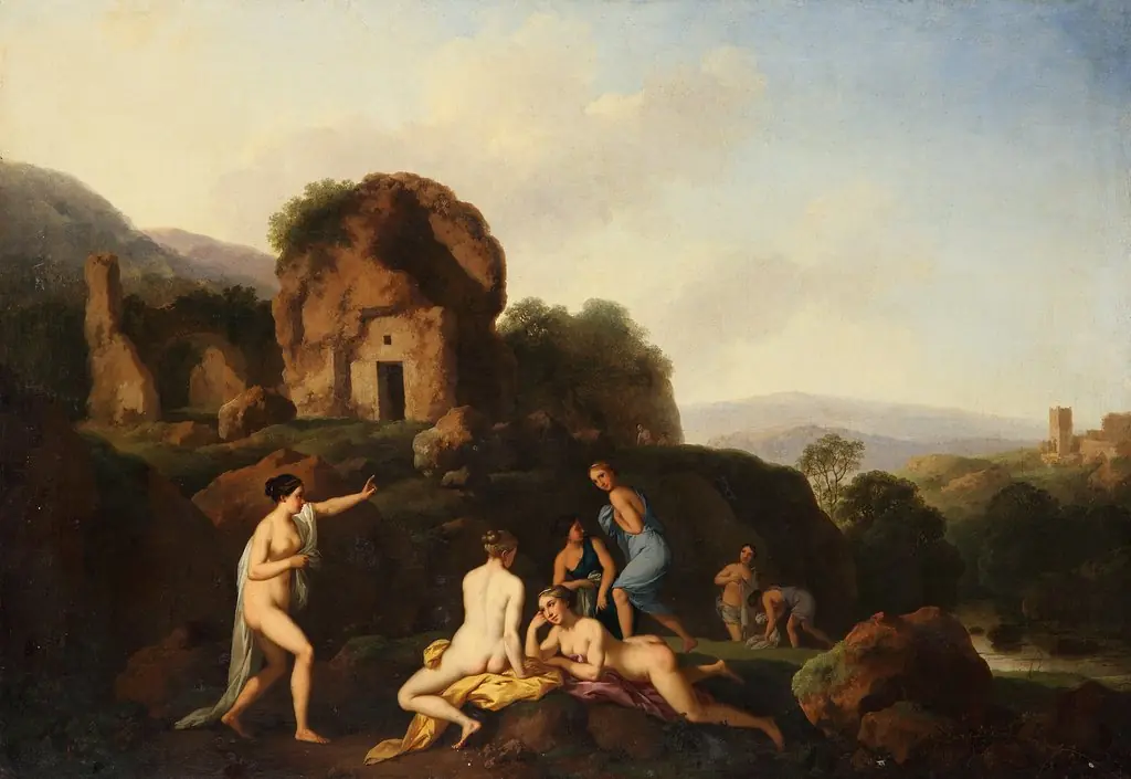 Arcadian landscape with nymphs and a Roman ruin, by Christian Wilhelm Ernst Dietrich, oil, 1759