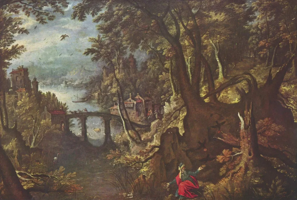 Elijah fed by the raven, by Gillis van Coninxloo, oil, 1596