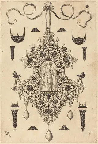 Large Pendant, Temperance Standing at Centre, by Daniel Mignot, ink, 1593