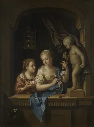 Two Girls with Flowers by a Statue of Cupid, by Pieter van der Werff, oil, 1713