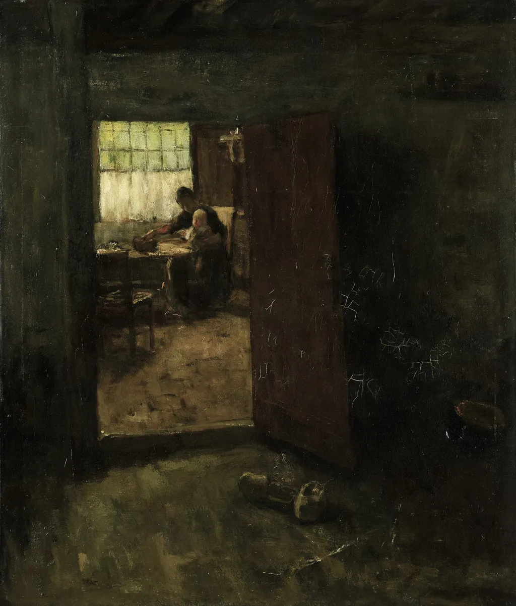 Domestic Interior with Country Woman and Child, by Jacob Simon Hendrik Kever, oil, 1897