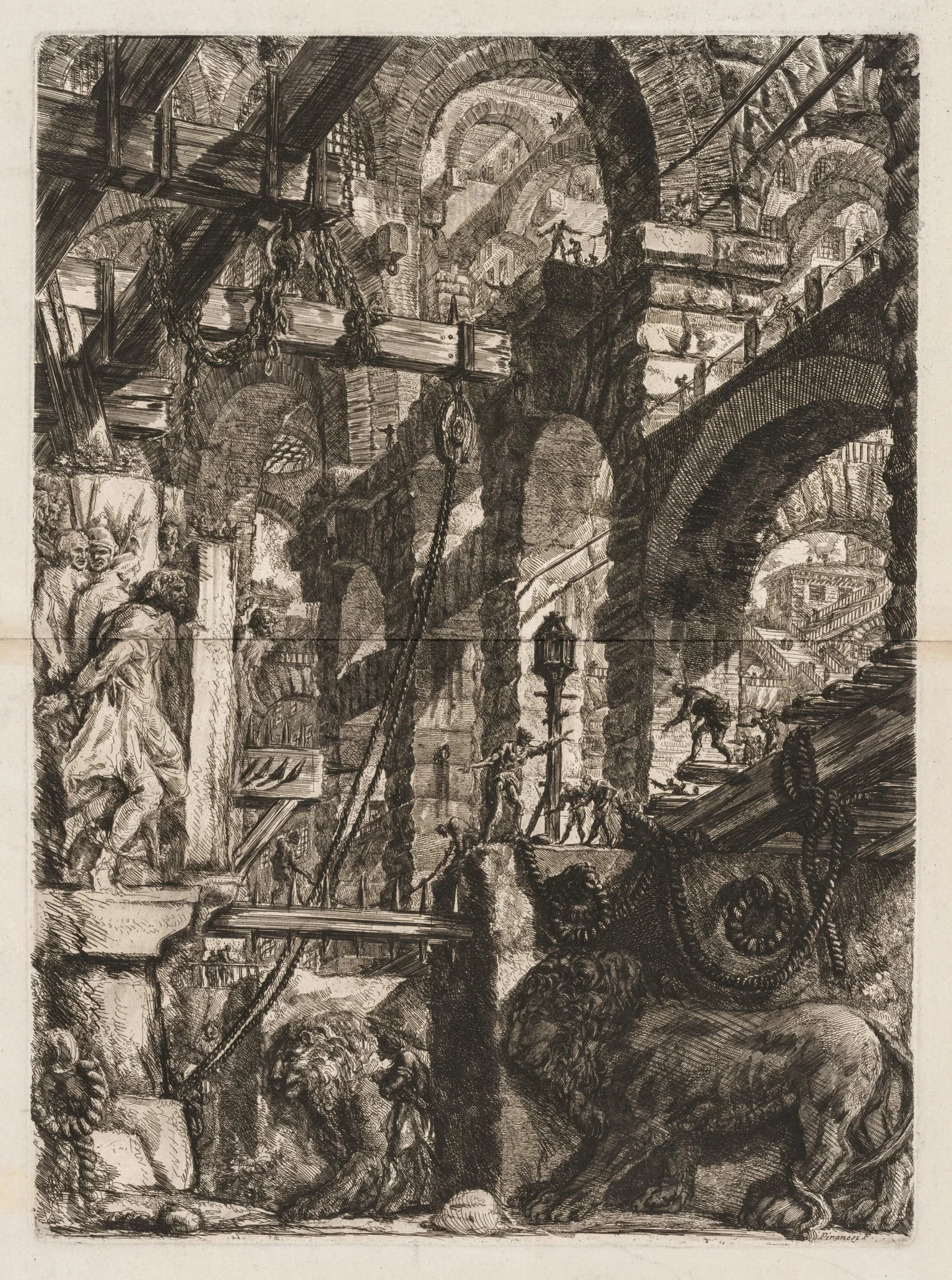 The Prisons: A Perspective of Roman Arches, with Two Lions Carved in Relief on Stone Slabs in the Foreground, detail