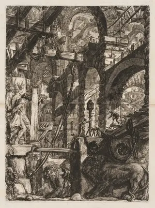 The Prisons:  A Perspective of Roman Arches, with Two Lions Carved in Relief on Stone Slabs in the Foreground, by Giovanni Battista Piranesi, 1748