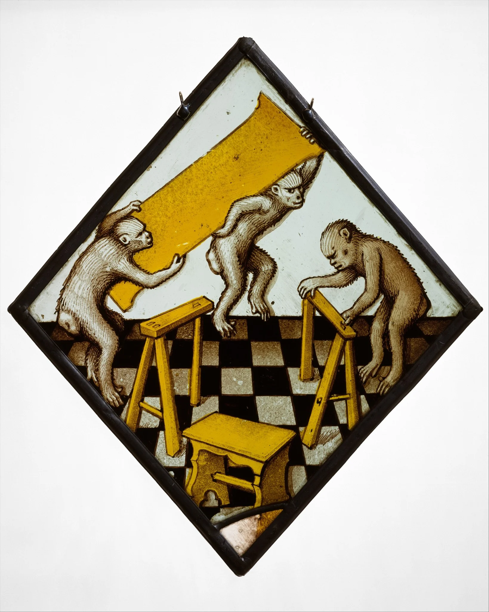 Roundel with Three Apes Building a Trestle Table, detail