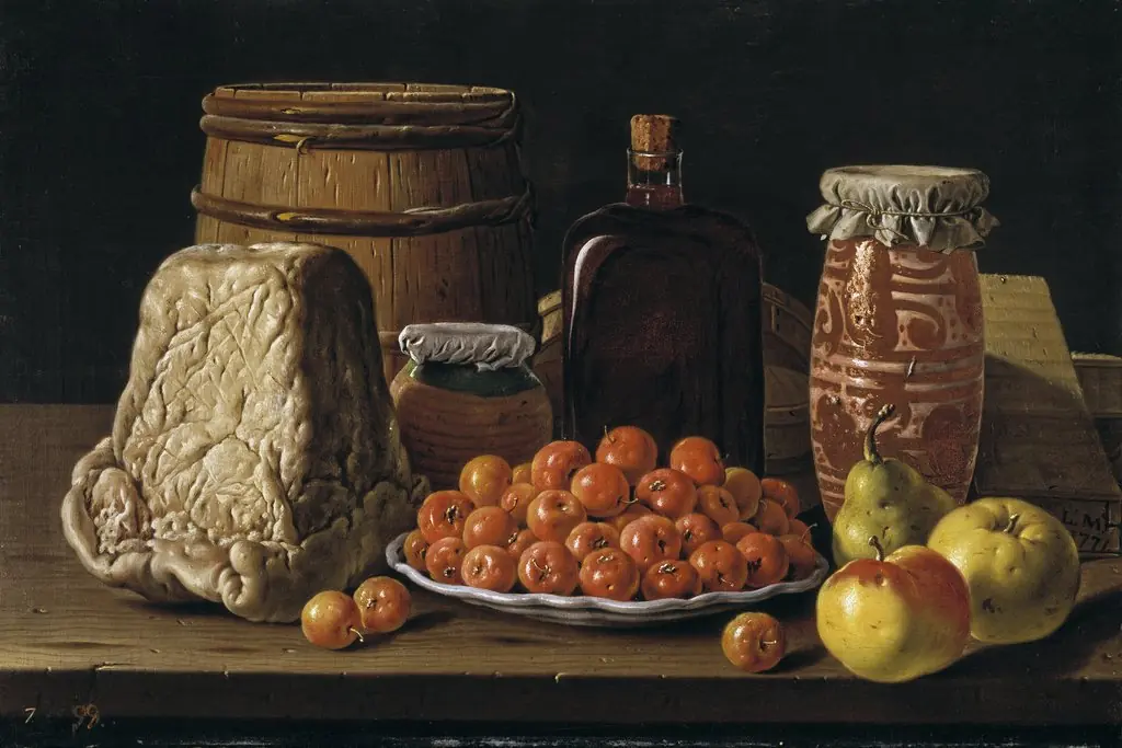 Still Life with Fruit and Cheese, by Luis Egidio Meléndez, oil, 1750