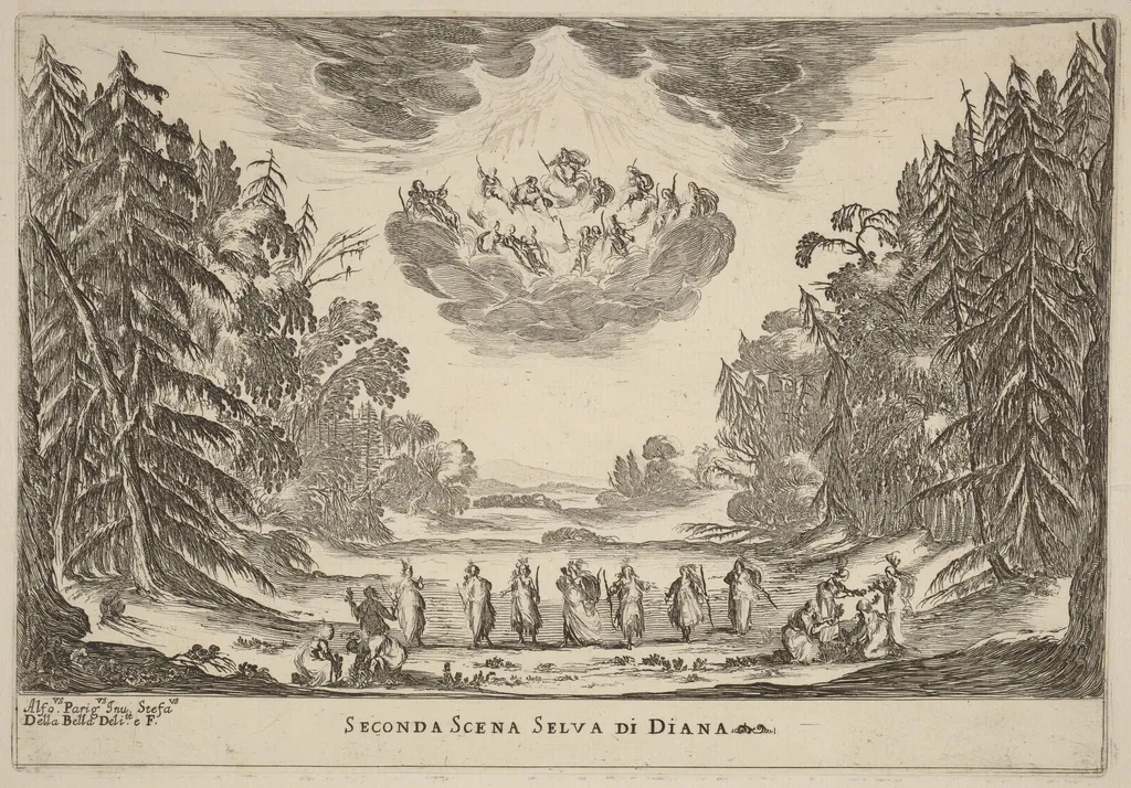 Seconda Scena Selva di Diana, by Stefano Della Bella, ink, 1637