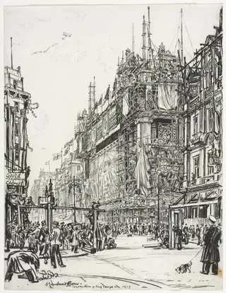 Selfridges, Oxford Street; Coronation of George VI, by Muirhead Bone, 1937