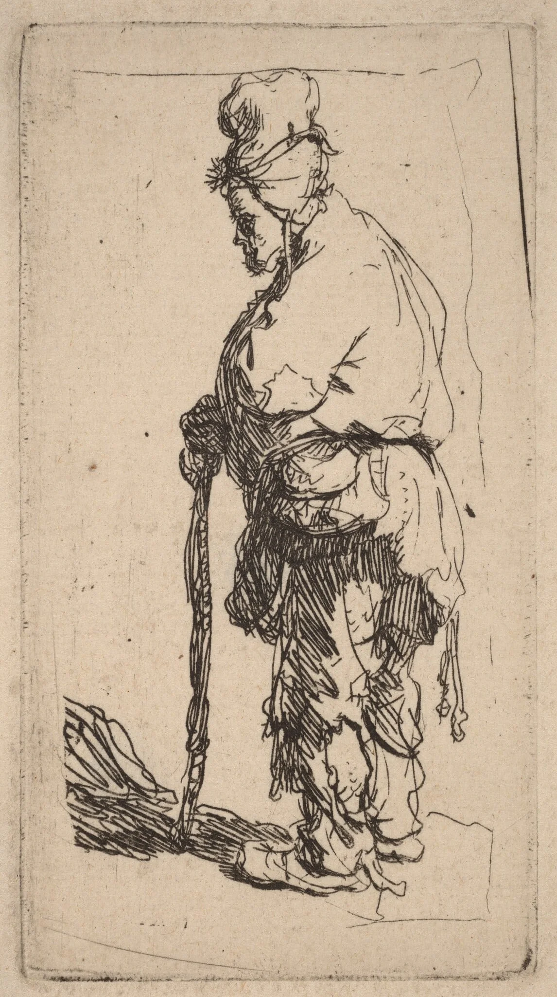 Beggar Leaning on a Stick, Facing Left, detail