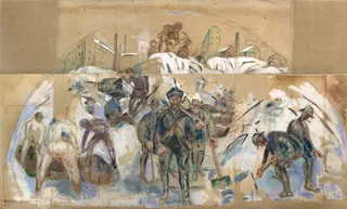 Workers on the Building Site. Draft for a Decoration of Oslo City Hall, by Edvard Munch, oil, 1931